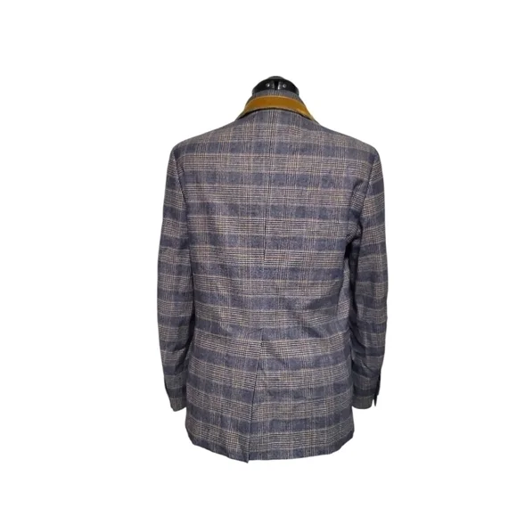 The Gigi Italia Men's Blue Plaid Wool Blazer w/ Mustard Velvet Trimming Size 48 - Picture 3 of 13